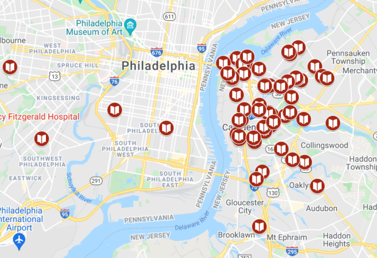 map showing locations of book arks in Camden and Philadelphia