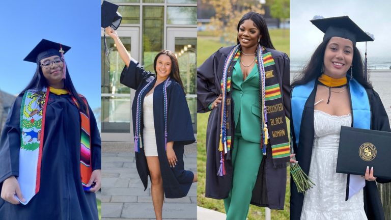 collage of four female college graduates