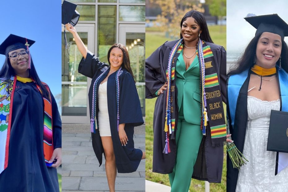 collage of four female college graduates
