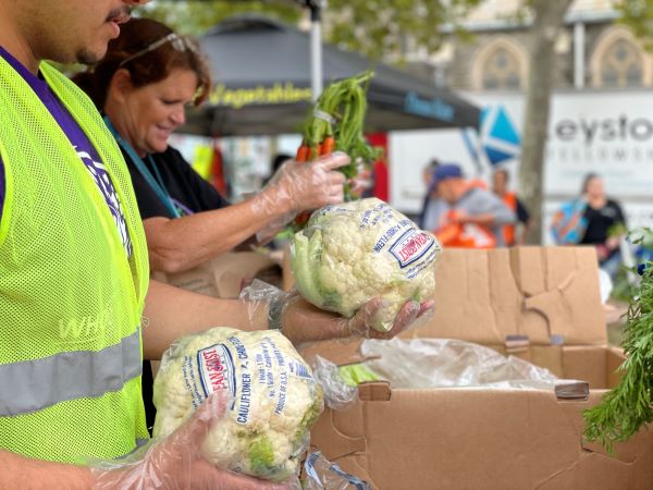 photo of man & woman distributing vegetables at Camden food pantry