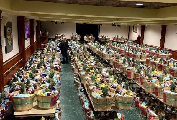 rows of baskets of Christmas foods